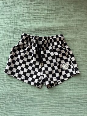Kids Checkered Black & White Swim Trunks with Drawstring